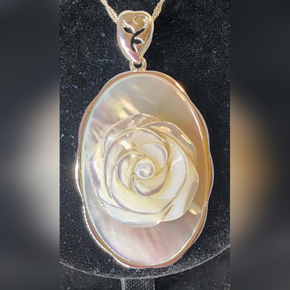 Mother-of-Pearl Rose Pendant set in sterling silver W/ Necklace